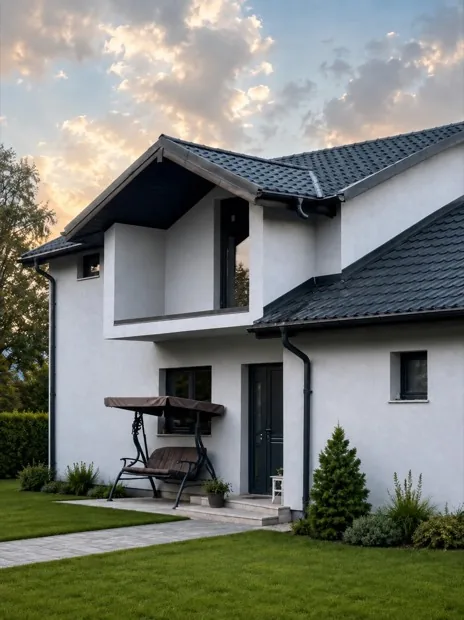 Casă P+M la cheie, cu tencuială albă, acoperiș din țiglă antracit și curte amenajată, ridicată de Premium Construct