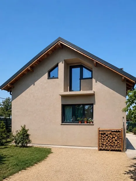 Casă cu mansardă finalizată, cu tencuială decorativă în nuanță caldă și streașină din lemn aparent